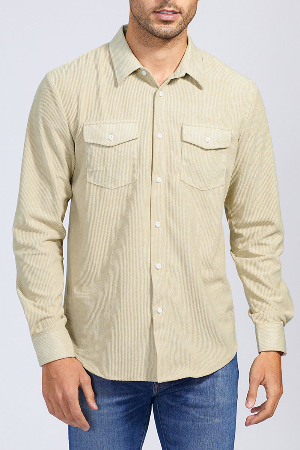 Apricot Men Corduroy Flap Pocket Button Front Shirt