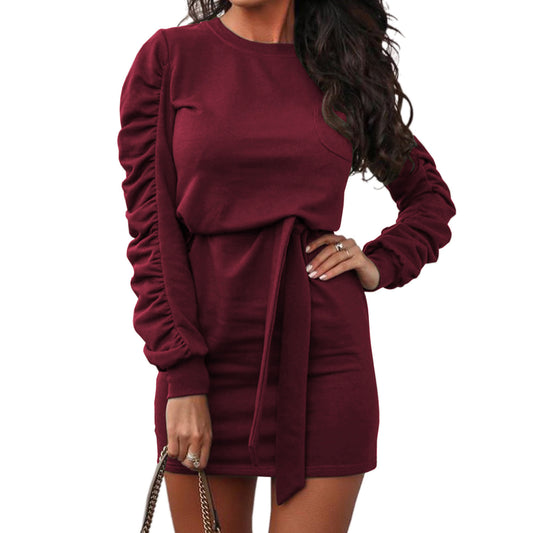 Women's solid color long-sleeved sweater tie dress