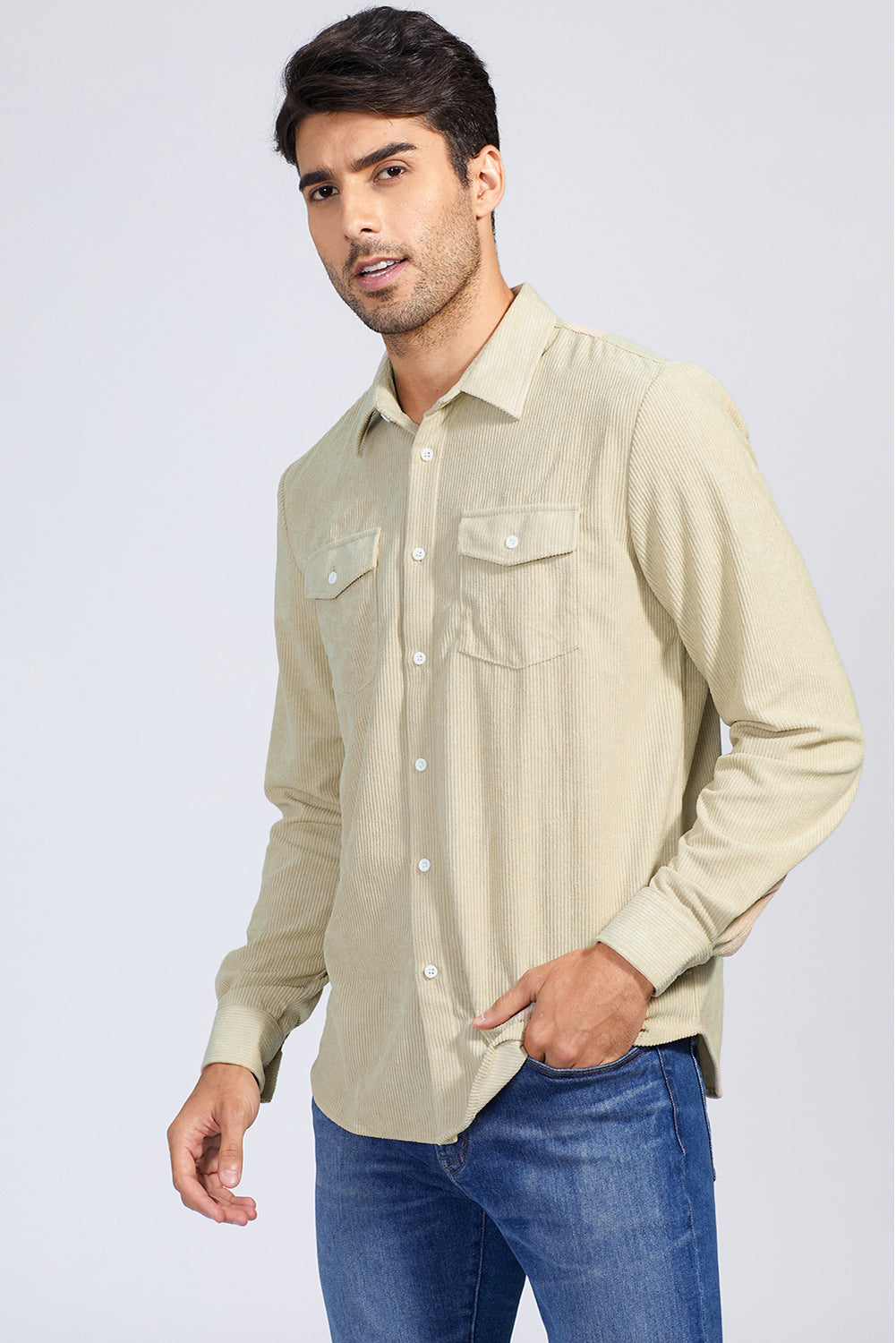 Apricot Men Corduroy Flap Pocket Button Front Shirt