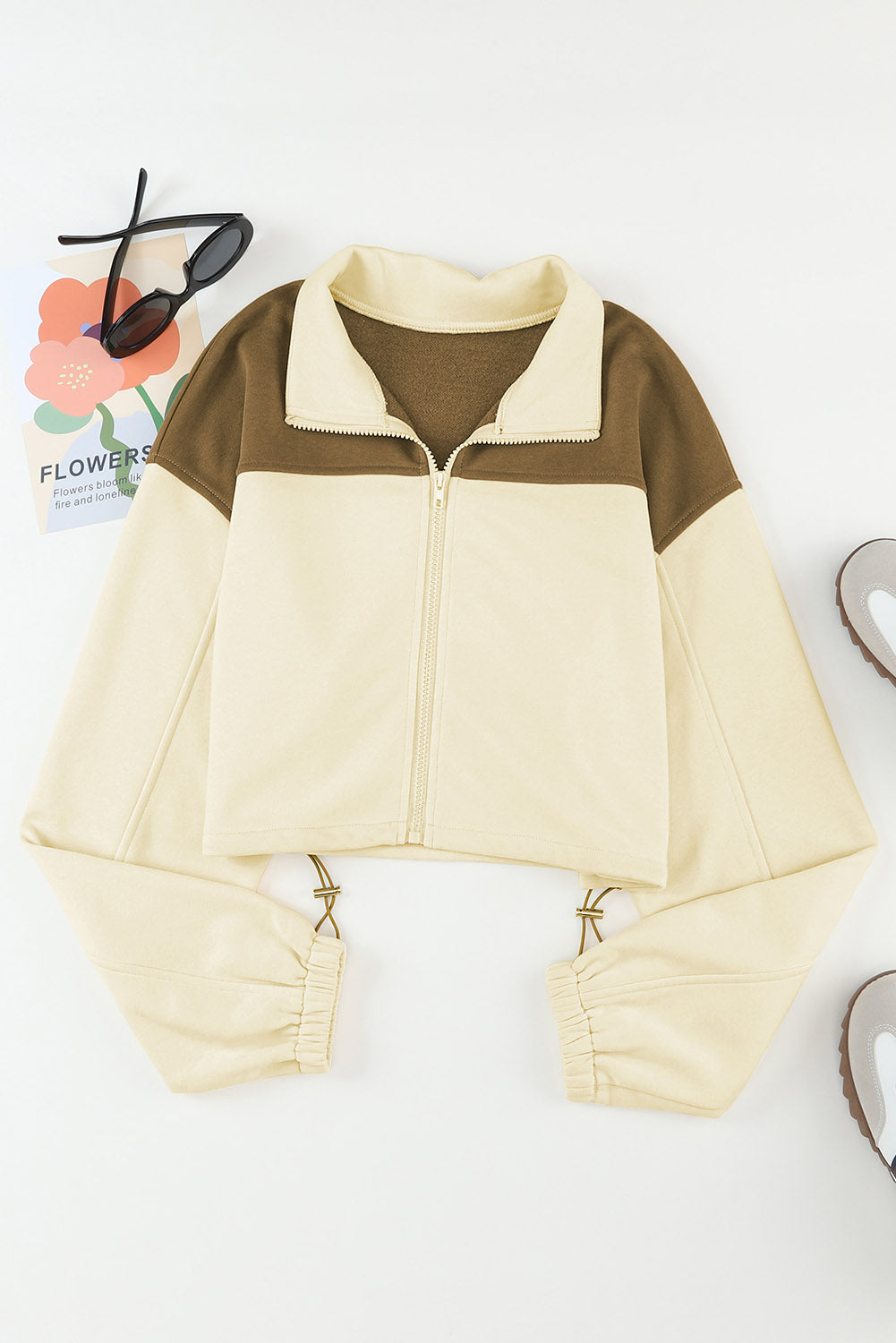 Beige Color Block Drawstring Cropped Athleisure Jacket