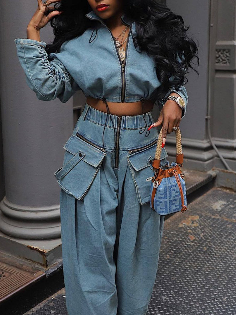 Retro Zipper Jacket & Wide-leg Jeans Two-piece Set