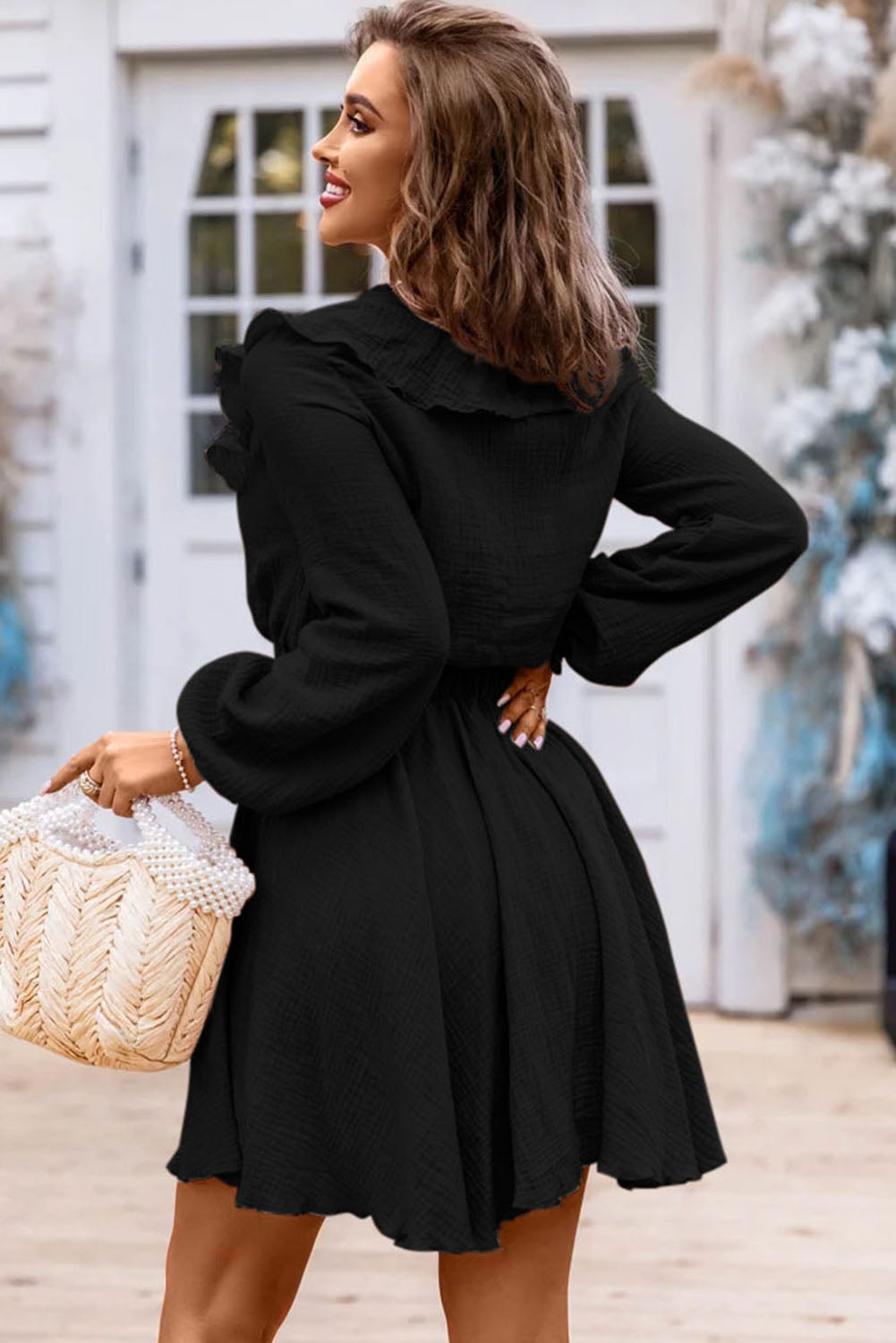 Black Textured Ruffled V Neck High Waist Mini Dress