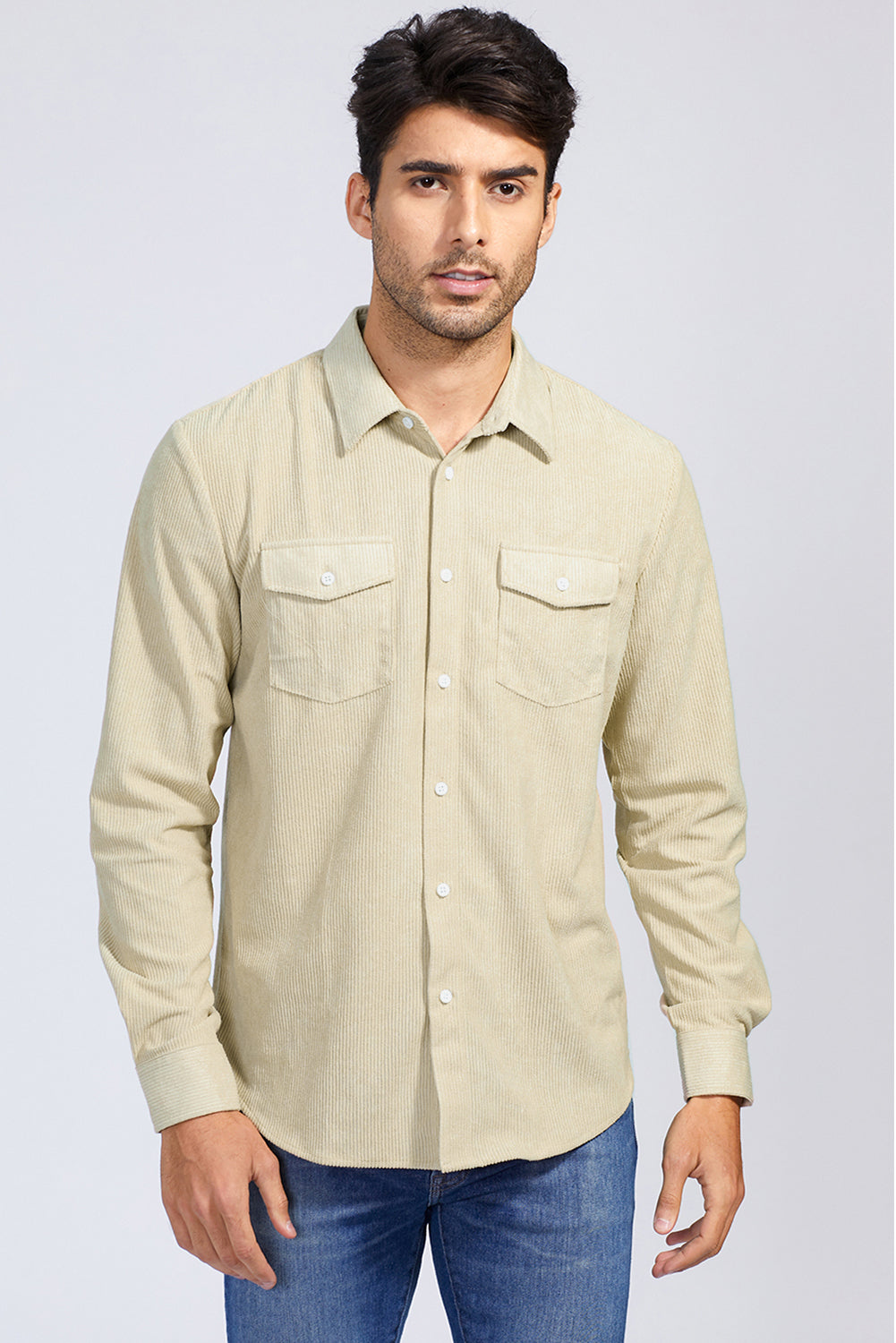 Apricot Men Corduroy Flap Pocket Button Front Shirt