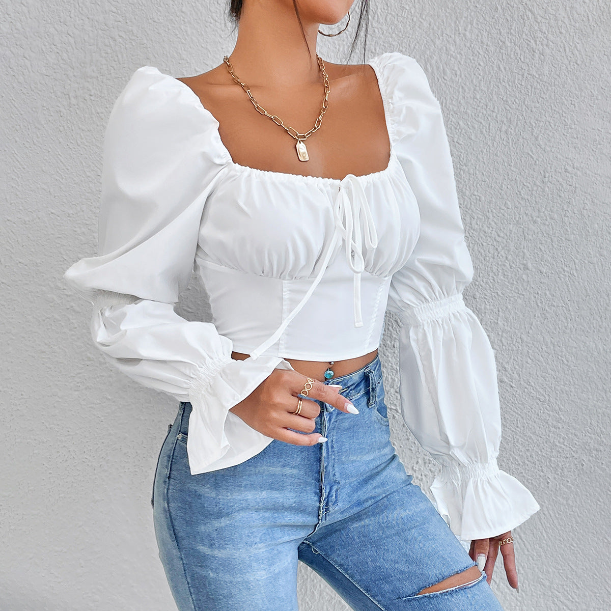 Pure White Long Sleeve Shirt With Lace Up Front And Zippered Back