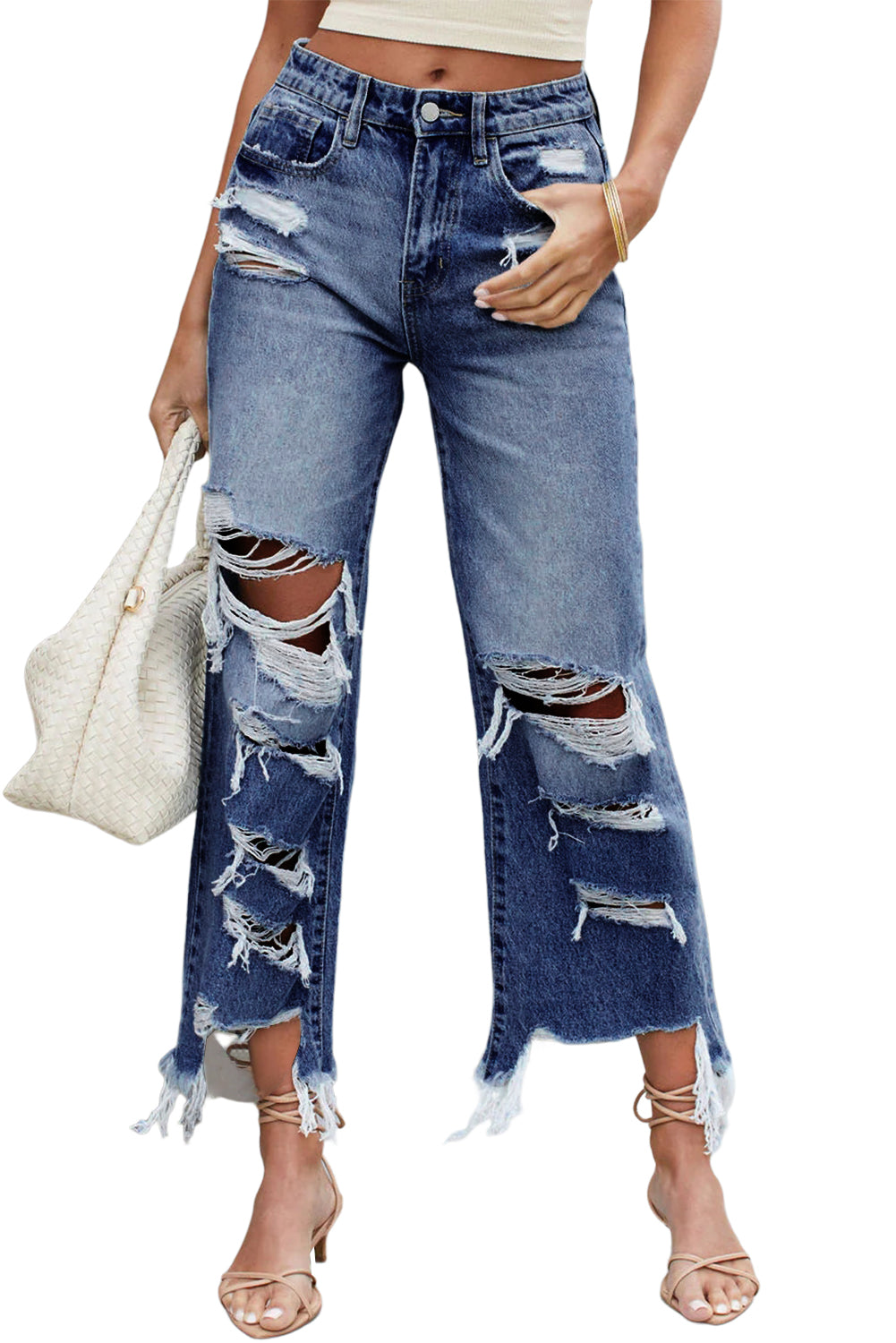 Sky Blue Heavy Destroyed High Waist Jeans