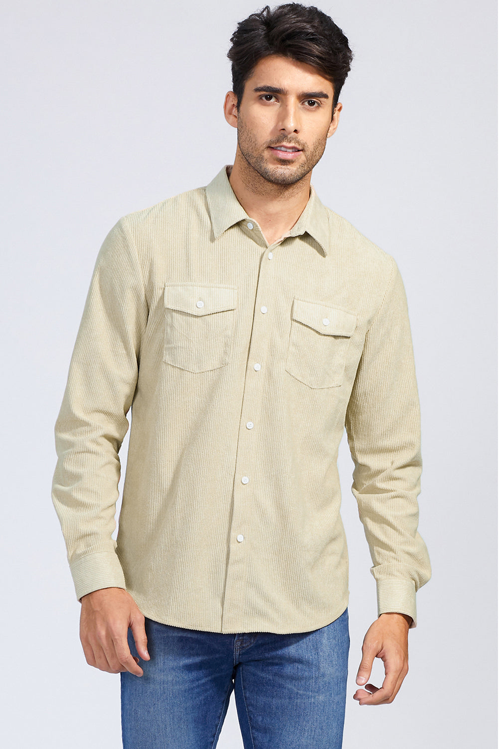 Apricot Men Corduroy Flap Pocket Button Front Shirt