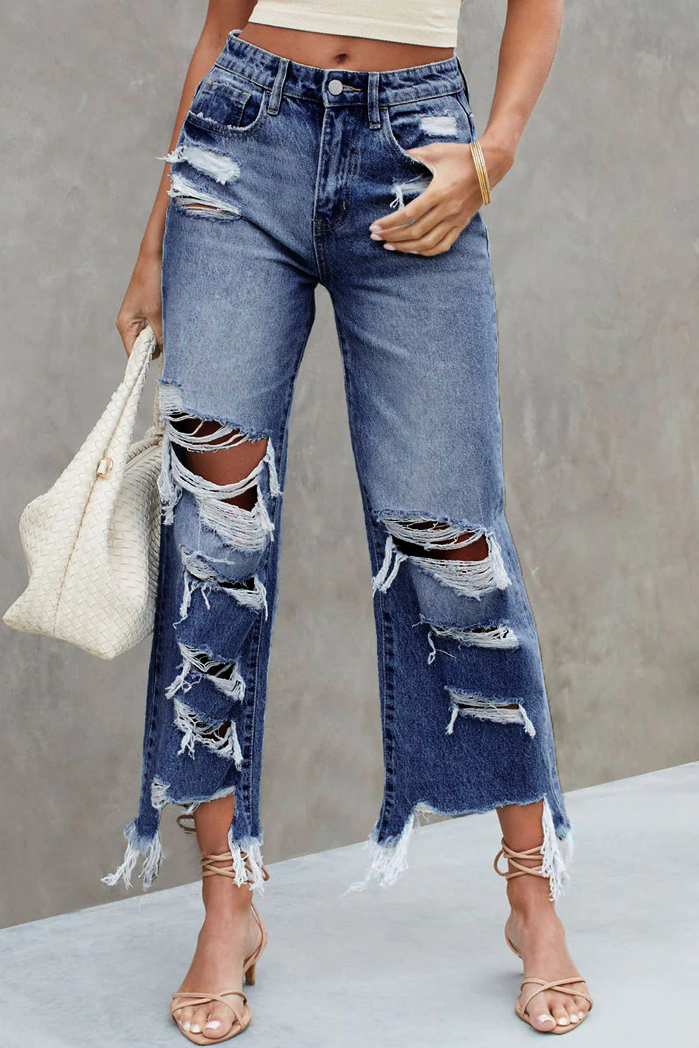 Sky Blue Heavy Destroyed High Waist Jeans