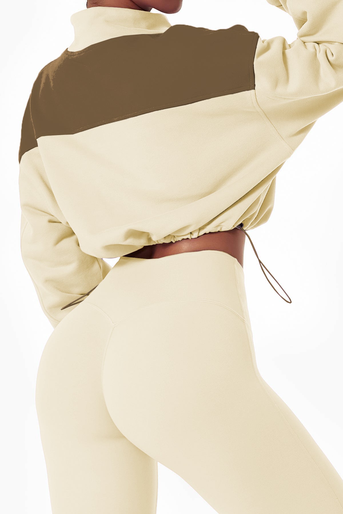 Beige Color Block Drawstring Cropped Athleisure Jacket