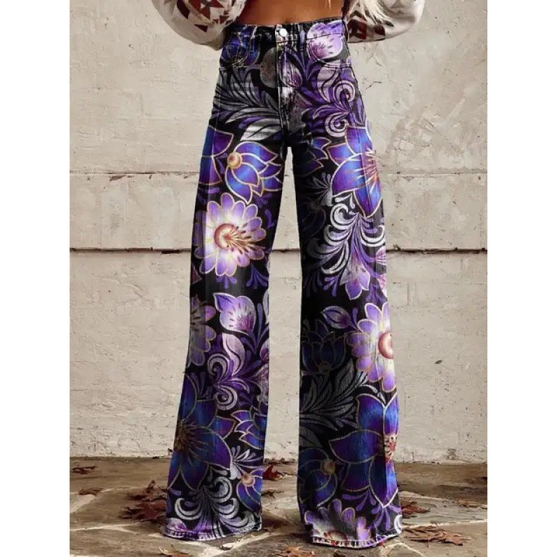 Fashion Women's Printed High Waist Loose Thin Imitation Denim Wide Leg Pants