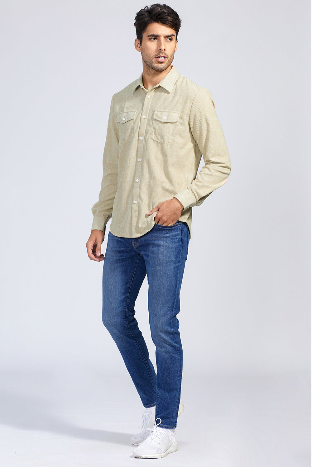 Apricot Men Corduroy Flap Pocket Button Front Shirt