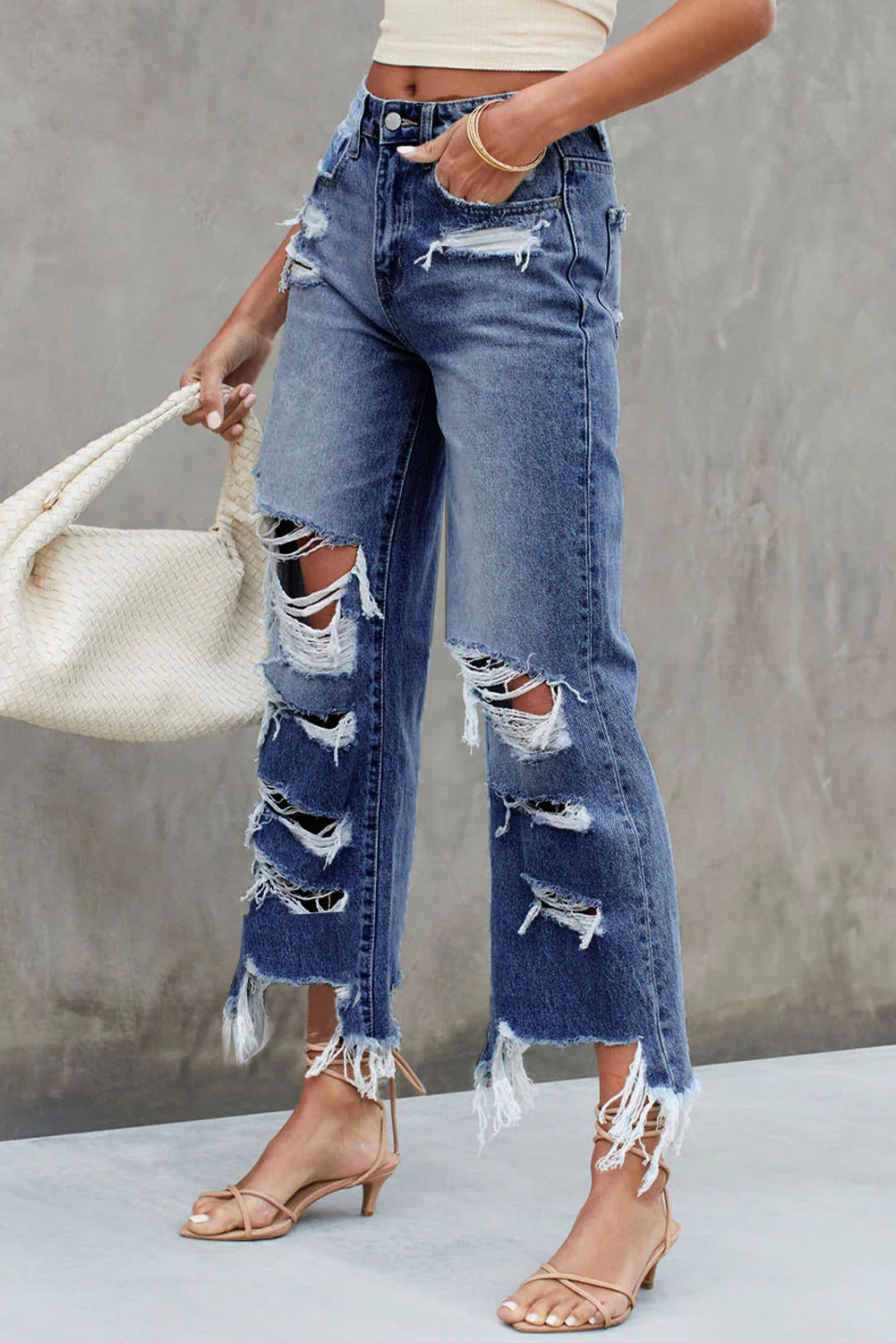 Sky Blue Heavy Destroyed High Waist Jeans