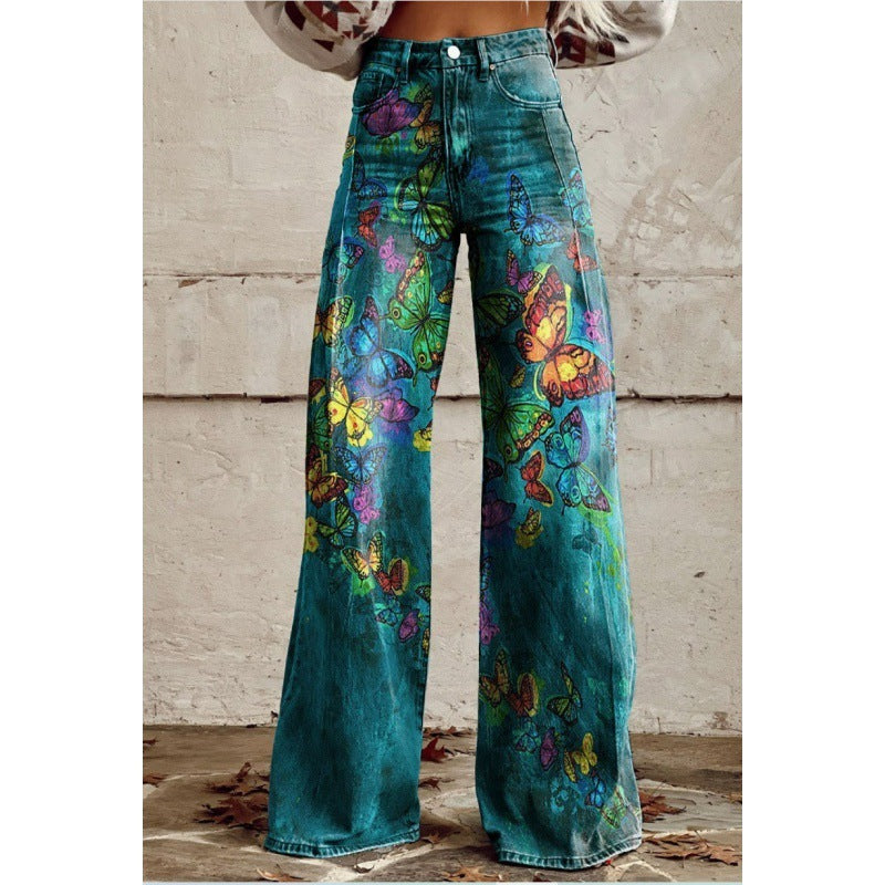 Fashion Women's Printed High Waist Loose Thin Imitation Denim Wide Leg Pants