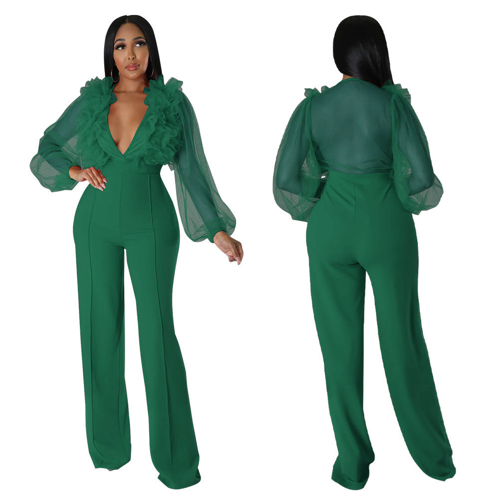 Mesh Lantern Sleeve V-neck Backless Jumpsuit