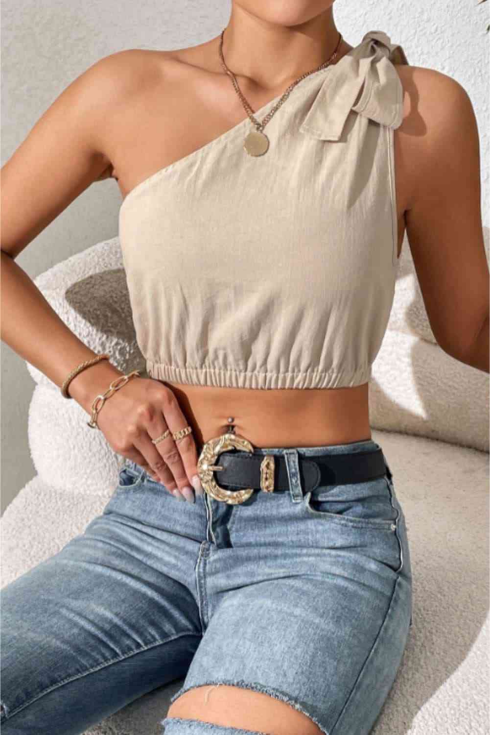 Cropped One-Shoulder Striped Tie Shoulder Tank